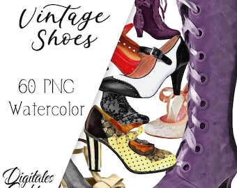 VINTAGE SHOES WATERCOLOR Clipart, Antique Shoes Clip Art, Commercial Clipart, Boots Clipart, Sneakers Clipart