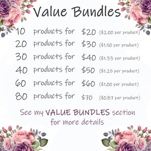 Pu&ograve; includere: Una grafica floreale rosa e bianca con il testo "Value Bundles" e un elenco di pacchetti di prodotti con quantit&agrave; e prezzi variabili. Il testo include il numero di prodotti, il prezzo totale e il prezzo per prodotto.