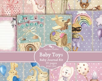 Kit de diario de juguetes para bebé, material imprimible para guardería, páginas de collage vintage para bebés