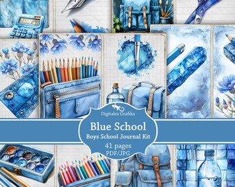 Blue Back to School Junk Journal Kit Printable, School Ephemera, Notebook & Classroom Pages, Digital Download