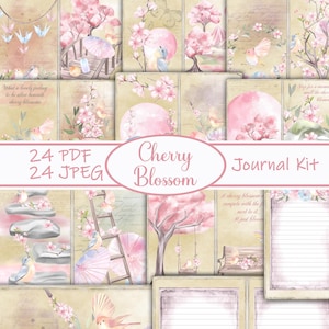 Kit de diário de sucata de flor de cerejeira, diário japonês, páginas, envelopes, papel, download, imprimível, flores, primavera