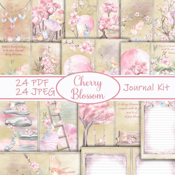Cherry Blossom Junk Journal Kit, Japan Journal, Pages, Envelopes, Paper, Download, Printable, Blossoms, Spring