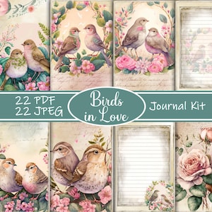 Kit diario "Birds in Love" - Effimere di San Valentino stampabili, pagine romantiche con uccelli, carta per scrapbooking floreale, arte digitale dell'amore