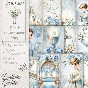  FIRST COMMUNION BOY Journal Kit, Christian Junk Journal, Journal Seiten, Glaube, Blumen, bedruckbar, erste Kommunion Blau Scrapbook
