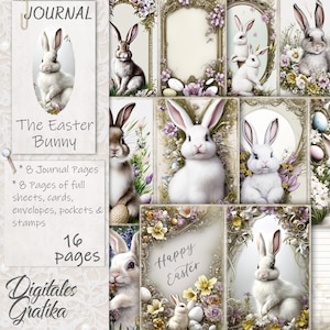 Osterhase Junk Journal Kit, Osterjournal, Seiten, Umschläge, Papier, Download, Printable, Frühling