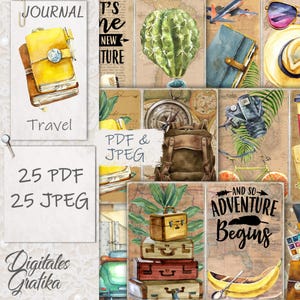 Travel Junk Journal Kit, Wanderlust-dagboek, pagina's, enveloppen, papier, download, afdrukbaar, op reis