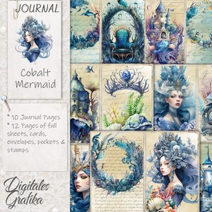 COBALT MERMAID JOURNAL Kit, Ocean Journal, Azul, Flores, Conchas Marinas