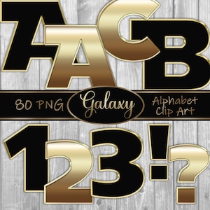 Clip art alphabet galaxie, téléchargement immédiat, alphabet imprimable, alphabet noir et or, lettres noir et or, chiffres noir et or