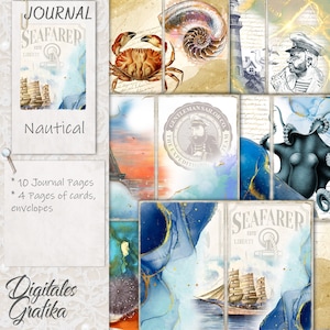 May include: A digital paper pack with a nautical theme. The pack includes 10 journal pages and 4 pages of cards and envelopes. The images include a crab, a seashell, a lighthouse, a sailor, an octopus, and a ship.