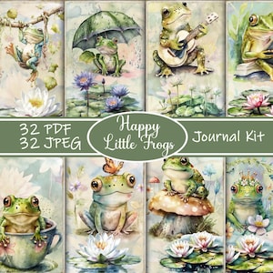 Happy Little Frogs junk Journal Kit, schattige kikker ephemera, afdrukbaar natuurdagboek, digitale download, kikker plakboekkit, kikkerliefhebbers dagboek