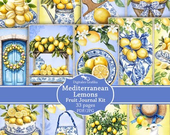 Mediterranean Lemons Junk Journal Kit Printable, Lemon & Olive Ephemera, Coastal Italian Pages, Digital Download