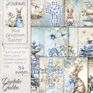 Kit de carnet de Pâques vichy bleu, journal de Pâques indésirable, pages de journal, feuille complète, fleurs, imprimable, album de Pâques vichy bleu