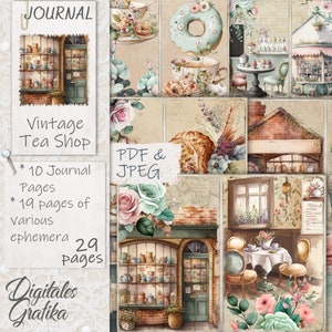 Vintage Tea Shop Junk Journal Kit, Vintage Junk Journal, Journal Pages, Full Sheet, Flowers, Printable, Vintage Tea Paper