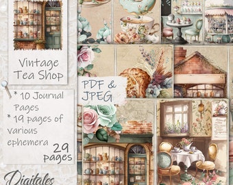 May include: A digital collage of vintage tea shop images, including a storefront, teacups, pastries, and floral arrangements. The collage is designed for use as journal pages and includes 10 journal pages and 19 pages of ephemera.