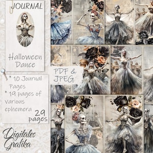 Kit diario di Halloween Dance Junk, diario di Halloween Vintage, pagine di diario, foglio intero, fiori, stampabile, diario di Halloween Junk, scheletro