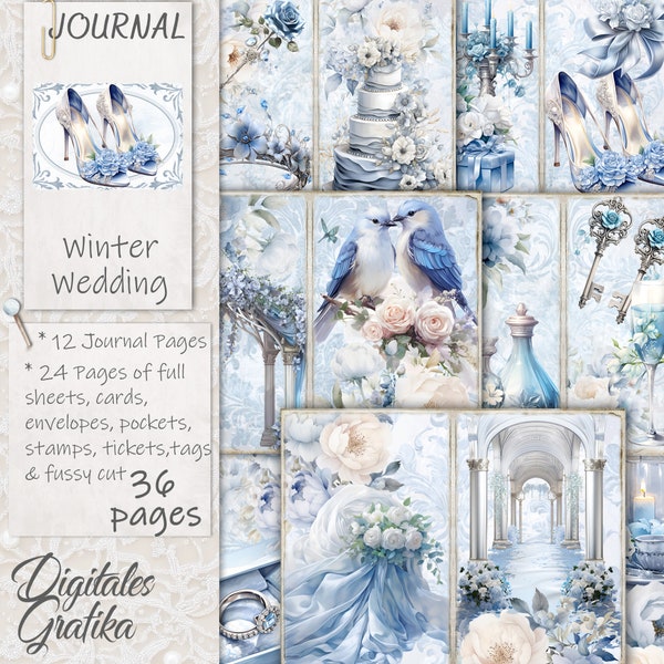 WINTER WEDDING JOURNAL Kit, Vintage Junk Journal, Journal Pages, Full Sheet, Flowers, Printable, Winter Blue Wedding Journal