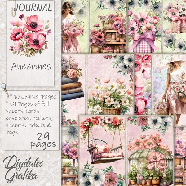 ANEMONES JOURNAL KIT, Vintage Junk Journal, Journal Pages, Full Sheet, Flowers, Printable, Pink and Purple Flowers Paper