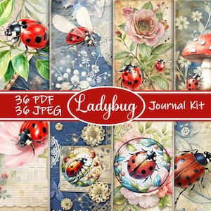 Kit di diario con coccinelle, effimeri da giardino con coccinelle stampabili, pagine di scrapbooking vintage con insetti, download digitale, scrapbooking con coccinelle