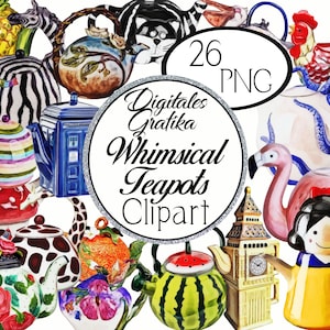 WHIMSICAL TEIPOT WATERCOLOR Clipart, ClipArt di teiera, ClipArt di tè, Clipart commerciale, Teiere ad acquerello