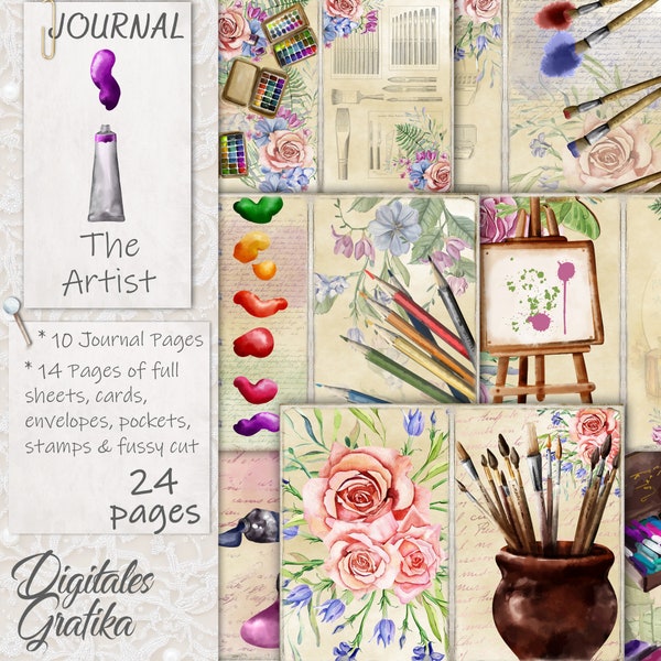 THE ARTIST JOURNAL Kit, Malerei Journal, Pinsel, Blumen, Staffelei, Printable, künstlerisches Journal