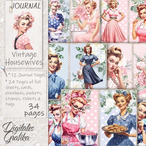 VINTAGE HOUSEWIVES JOURNAL Kit, Vintage Junk Journal, Journal Pages, Full Sheet, Flowers, Printable, Retro Women Journal