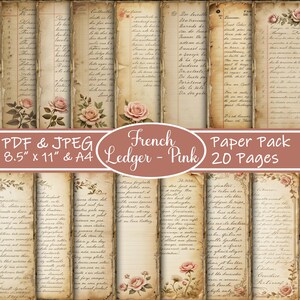 Pink French Ledger Digital Paper, Vintage Paper, Antique Paper, Letter Sized Paper, A4 Paper, Printable, Journal Paper, French Ephemera