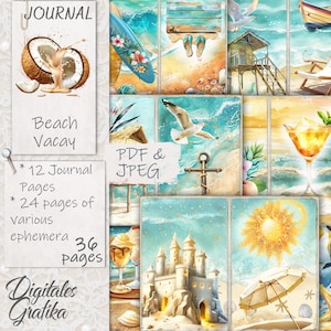 Beach Vacay Junk Journal Kit, Holiday Junk Journal, Journal Pages, Full Sheet, Flowers, Printable, Beach, Unique Gift, Sandcastle