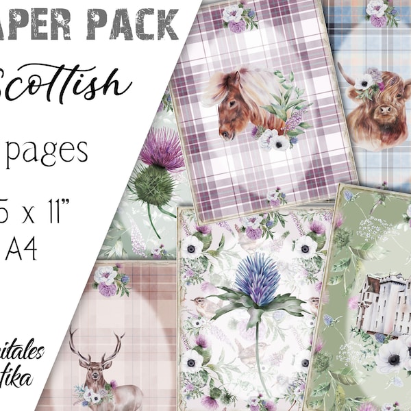 SCOTTISH PAPER PACK | Scottish Scrapbook Paper | Tartan Paper | Download | Printable | Flower | Highlands