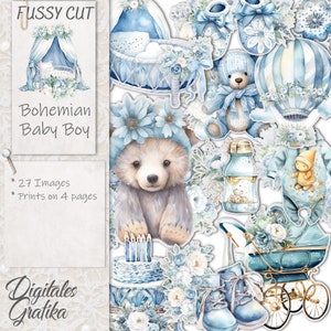 Coupe bohème BÉBÉ GARÇON | Images de bébé bleu | Coupe soignée | Journal éphémère | Découpes de scrapbooking