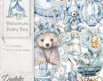May include: A set of 27 digital images for crafting, featuring a bohemian baby boy theme. The images include a crib, a teddy bear, a hot air balloon, a bottle, a baby carriage, and a birthday cake. The images are in a watercolor style with blue, white, and gold accents.