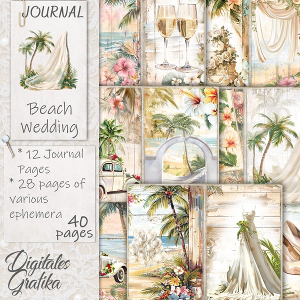 BEACH WEDDING JOURNAL Kit, Wedding Day Junk Journal, Journal Pages, Full Sheet, Flowers, Printable, Beach Wedding Scrapbook
