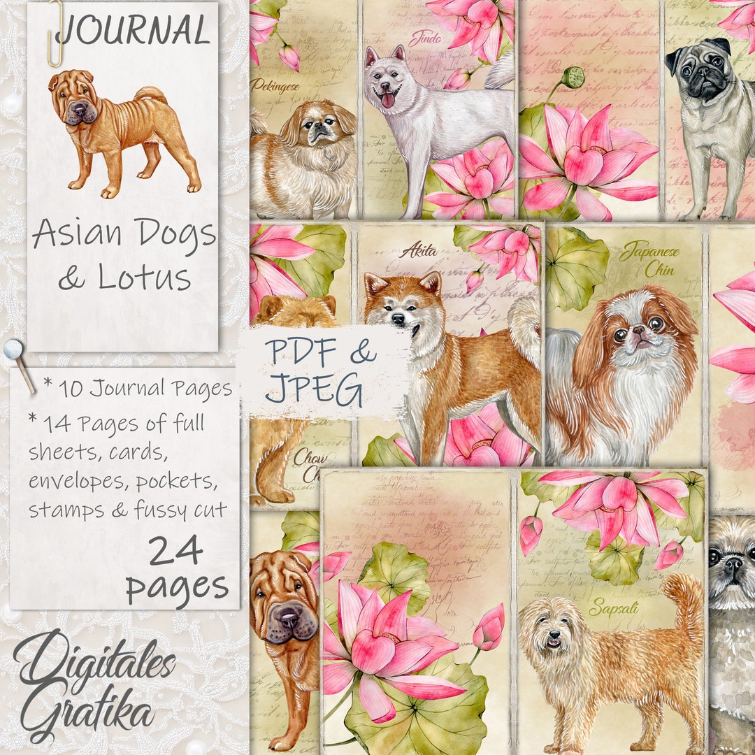 Journal Doogs Junk Journal Kit ASIAN DOGS and LOTUS, Sharpei Journal, Dog Journal ...