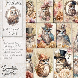 HIGH SOCIETY OWLS Journal Kit | Niedliche Eulen Junk Journal | Seiten | Umschläge | Papier | Herunterladen | Druckbar | Vögel | Vintage Eulen