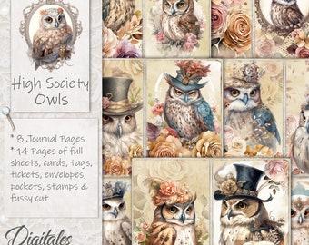 HIGH SOCIETY OWLS Journal Kit | Cute Owls Junk Journal | Pages | Envelopes | Paper | Download | Printable | Birds | Vintage Owls