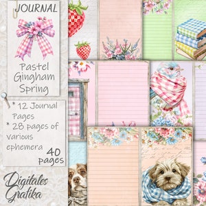 PASTEL GINGHAM FRÜHLING Journal Kit, Frühling Junk Journal, Journal Seiten, ganzes Blatt, Blumen, bedruckbar, Gingham Frühling Sammelalbum