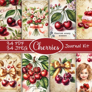 Kit de journal indésirable cerises, documents éphémères vintage imprimables, pages de scrapbooking fruits d'été, téléchargement numérique, scrapbooking cerise