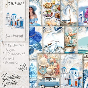 Kit de diario basura SANTORINI, Diario basura de playa, Páginas de diario, Hoja completa, Flores, Imprimible, Álbum de recortes de Santorini Grecia