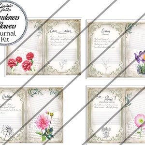 May include: A printable journal kit for gardeners featuring four different flower varieties: carnation, crocus, dahlia, and evening primrose. Each page includes a vintage-style illustration of the flower, a space for notes, and the flower's botanical name.
