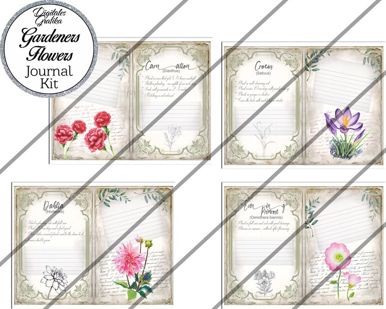 May include: A printable journal kit for gardeners featuring four different flower varieties: carnation, crocus, dahlia, and evening primrose. Each page includes a vintage-style illustration of the flower, a space for notes, and the flower's botanical name.