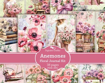 Anemones Junk Journal Kit, Vintage Floral Ephemera Printable, Botanical Cottagecore Collage Pages