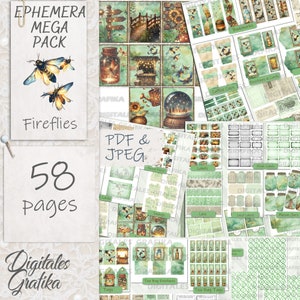 May include: A digital printable pack of 58 pages of firefly themed ephemera. The pack includes labels, tags, envelopes, cards, and more. The images are in a green and brown color scheme with a watercolor effect.