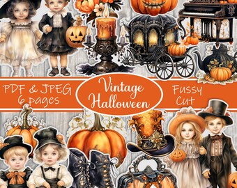 Recortes vintage de Halloween: Efímeras de acuarela para diario (PDF y JPEG)