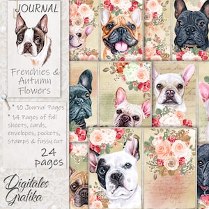 BULDOGS FRANCESES e kit de diário de flores de OUTONO, páginas de cachorro, envelopes, flores, franceses, digital, download, para impressão, diário de cachorro