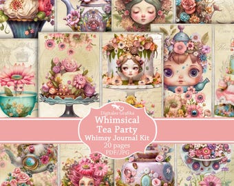 Whimsical Tea Party Junk Journal Kit, Vintage Tea Ephemera Printable, Cottagecore Collage Pages