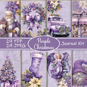 Lila Weihnachten Junk Journal Kit, festliches Junk Journal, Journal Seiten, ganzer Blatt, Blumen, Printable, Weihnachtspapier, Digital Journal