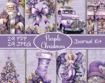 May include: Purple Christmas journal kit with 29 PDF and 29 JPEG files. The kit includes images of Santa Claus, a purple truck, a Christmas tree, a stocking, an angel, and a gnome.
