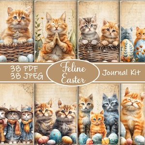 Kit de journal indésirable de Pâques félin - éphémères chat imprimable, jolies pages de printemps, téléchargement numérique, album de Pâques, kit de journal Kitty