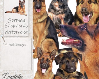 May include: A collection of nine watercolor illustrations of German Shepherd dogs in various poses. The dogs are depicted in shades of brown, black, and white.