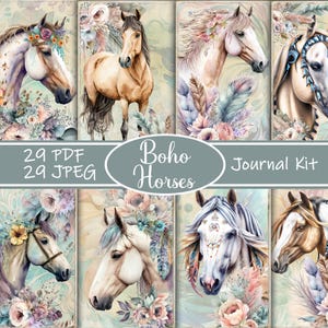Kit de journal indésirable chevaux bohèmes - éphémères de chevaux à imprimer, pages de scrapbooking florales, papier numérique bohème, art du Far West, album de scrapbooking cheval