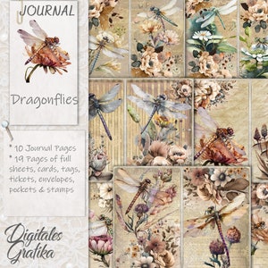 Kit diario spazzatura libellule, diario spazzatura vintage, pagine di diario, foglio intero, fiori, stampabile, carta libellula